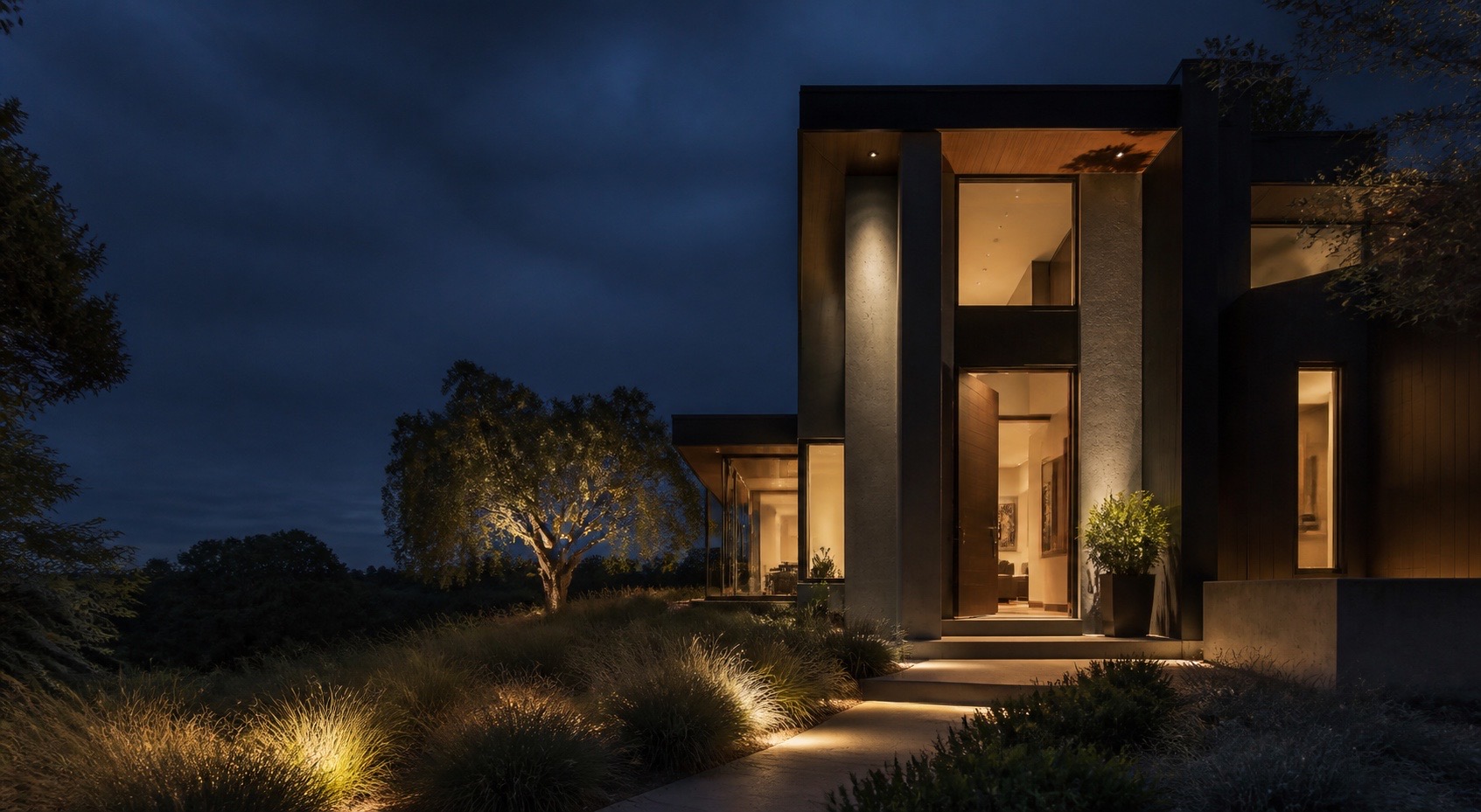 An extraordinary modern Henderson home illuminated at blue hour
